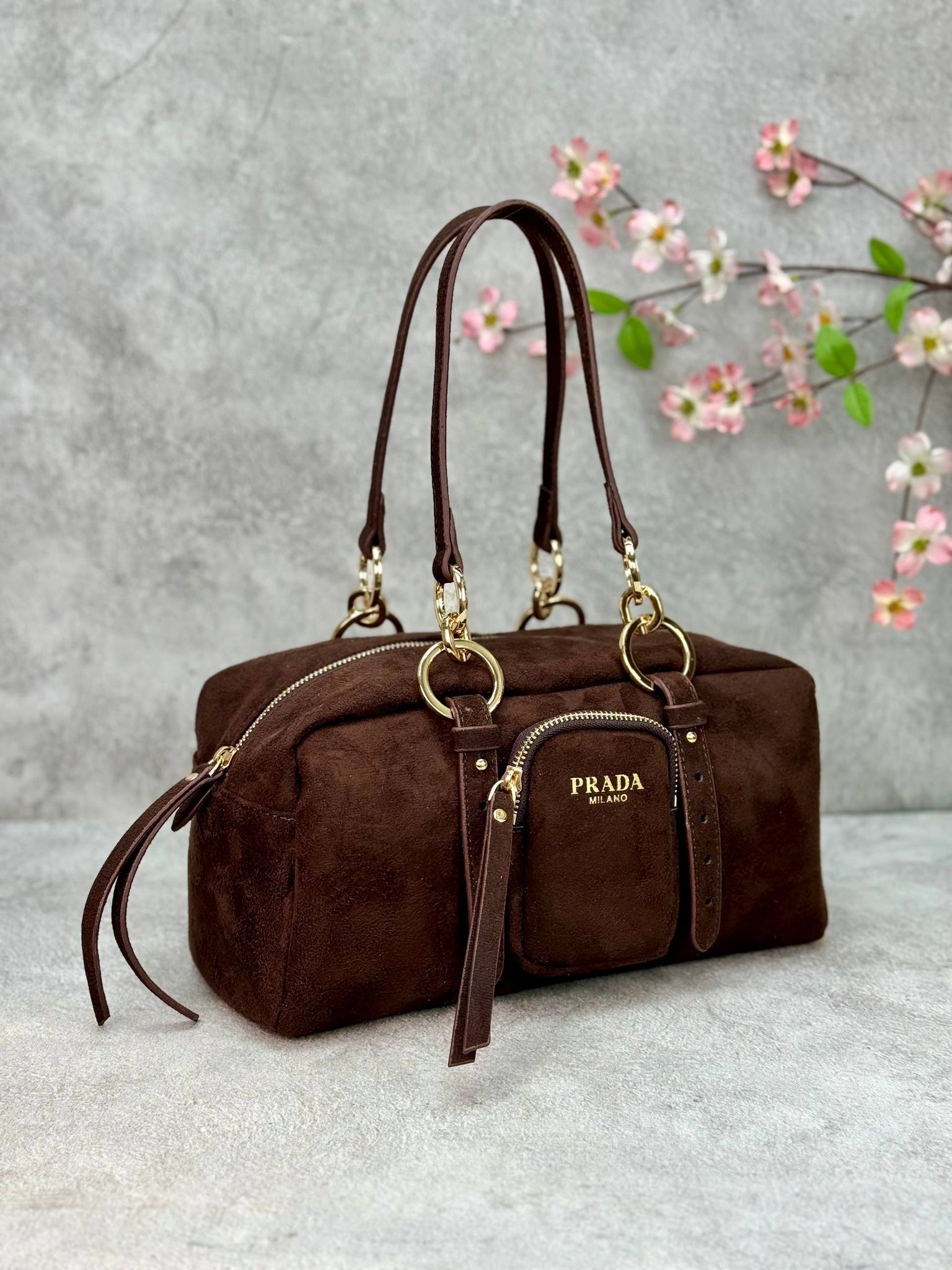 Prada Dangle Medium Shoulder Suet Bag 30x15cm  - Kahverengi