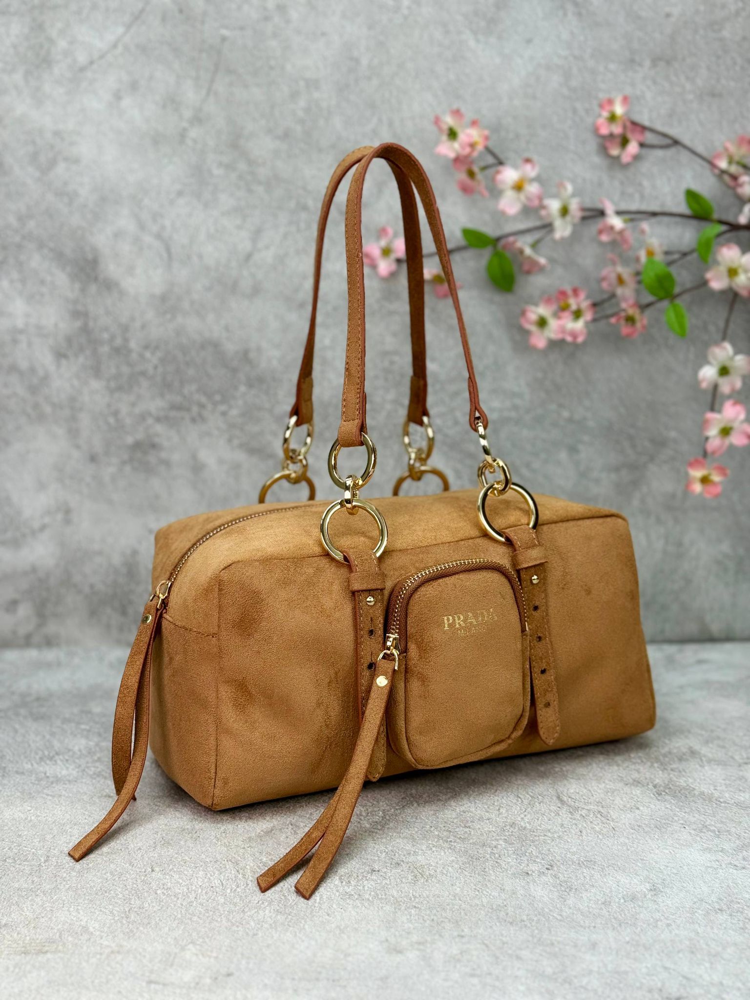 Prada Dangle Medium Shoulder Suet Bag 30x15cm  - Camel 