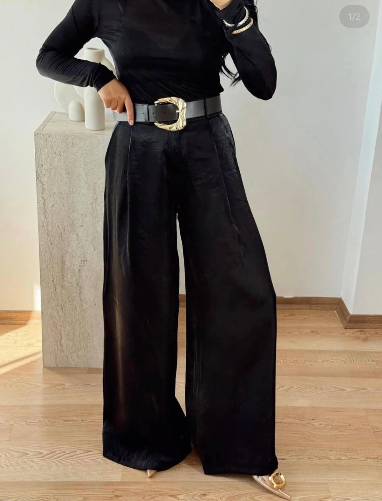 Kemer Detaylı Saten Palazzo Pantolon 