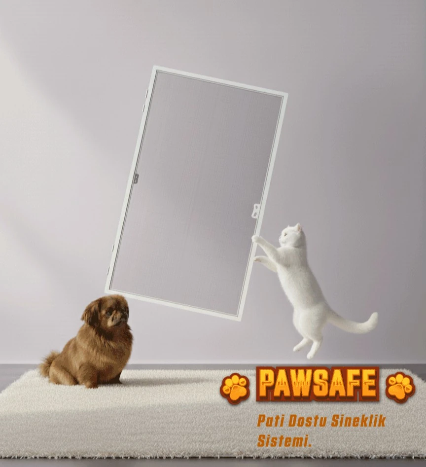 PawSafe Menteşeli Pencere Sineklik Sistemi – Kedi Dostu Tasarım | Palace Aluminium - Beyaz Sineklik
