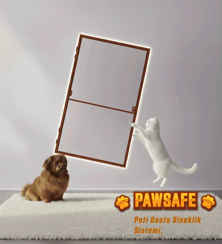 PawSafe Menteşeli Kapı Sineklik Sistemi – Kedi Dostu | Palace Aluminium - Maun Sineklik