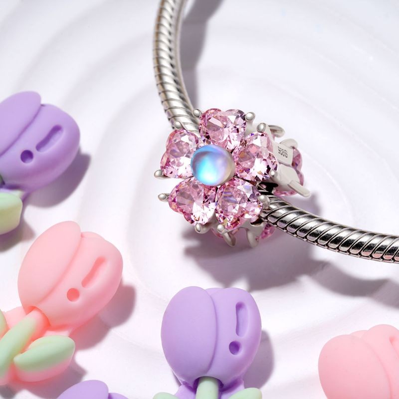 Pembe Açan Çiçek Charm, 925 Ayar Gümüş