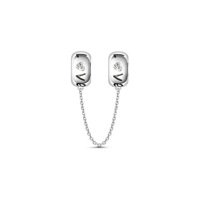 (19cm Çelik Bileklik) ve ("Love" Temalı Gümüş Güvenlik Zinciri) ve (Pembe Dört Yapraklı Yonca İşlemeli Kalp Charm), 925 Ayar Gümüş