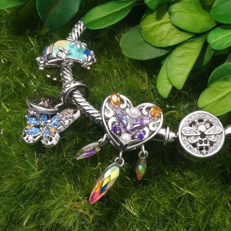 Arı Desenli Renkli Papatya Charm, 925 Ayar Gümüş