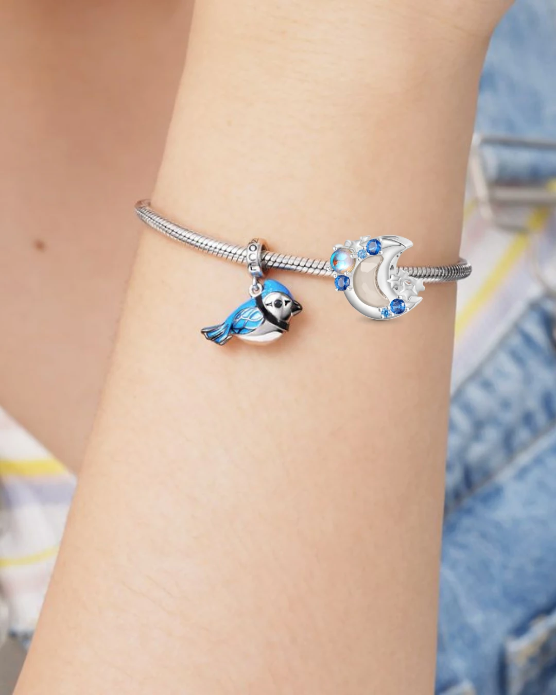 (18cm Klasik Bileklik) ve (Şanslı Mavi Alakarga - Blue Jay Charm) ve (Renk Değiştiren Ay Charm), 925 Ayar Gümüş