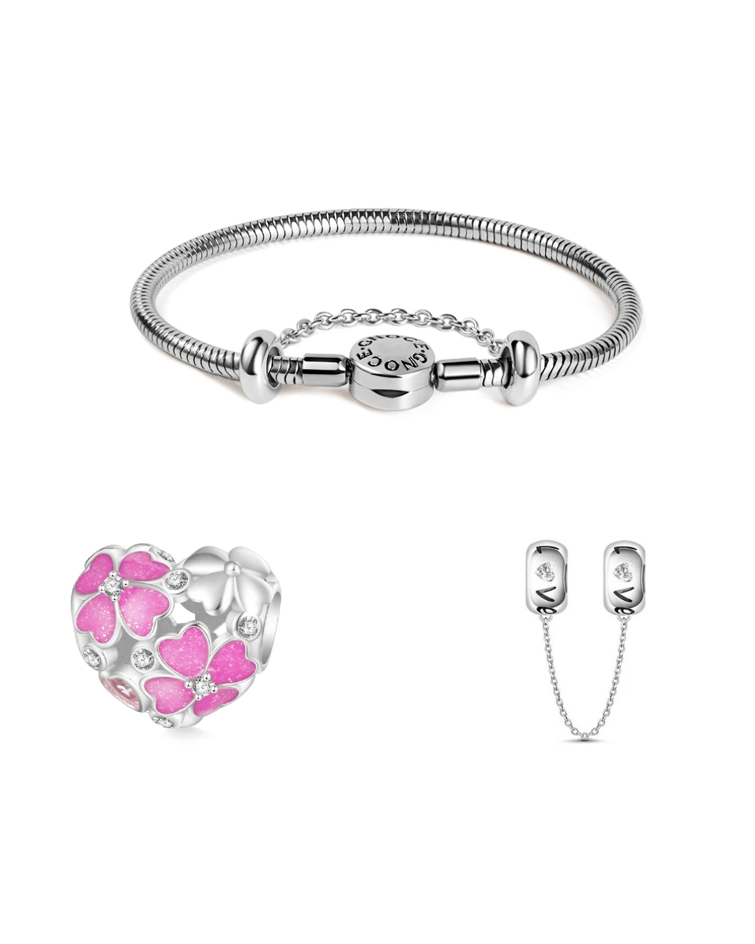 (19cm Çelik Bileklik) ve ("Love" Temalı Gümüş Güvenlik Zinciri) ve (Pembe Dört Yapraklı Yonca İşlemeli Kalp Charm), 925 Ayar Gümüş
