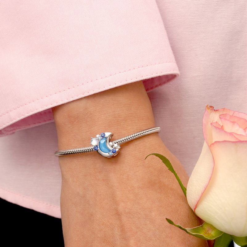 (18cm Klasik Bileklik) ve (Şanslı Mavi Alakarga - Blue Jay Charm) ve (Renk Değiştiren Ay Charm), 925 Ayar Gümüş