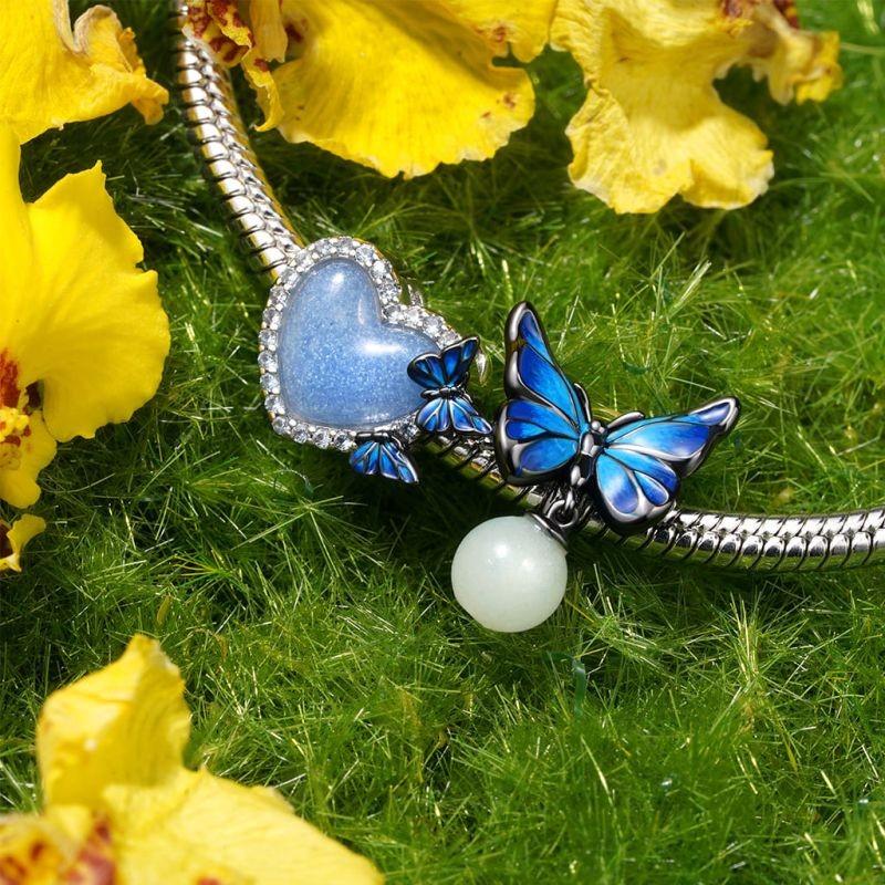 Karanlıkta Parlayan Mavi Morpho Kelebek Charm, 925 Ayar Gümüş