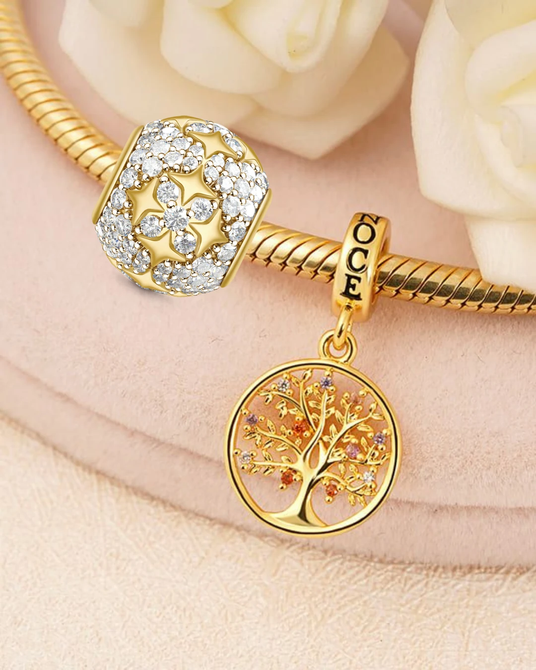 (18cm 18K Altın Kaplama Klasik Bileklik) ve (Hayat Ağacı Renkli Taşlarla İşlenmiş Charm) ve (Altın Yıldız Kübik Zirkon Taşlı Charm), 18K Altın Kaplama 25 Ayar Gümüş