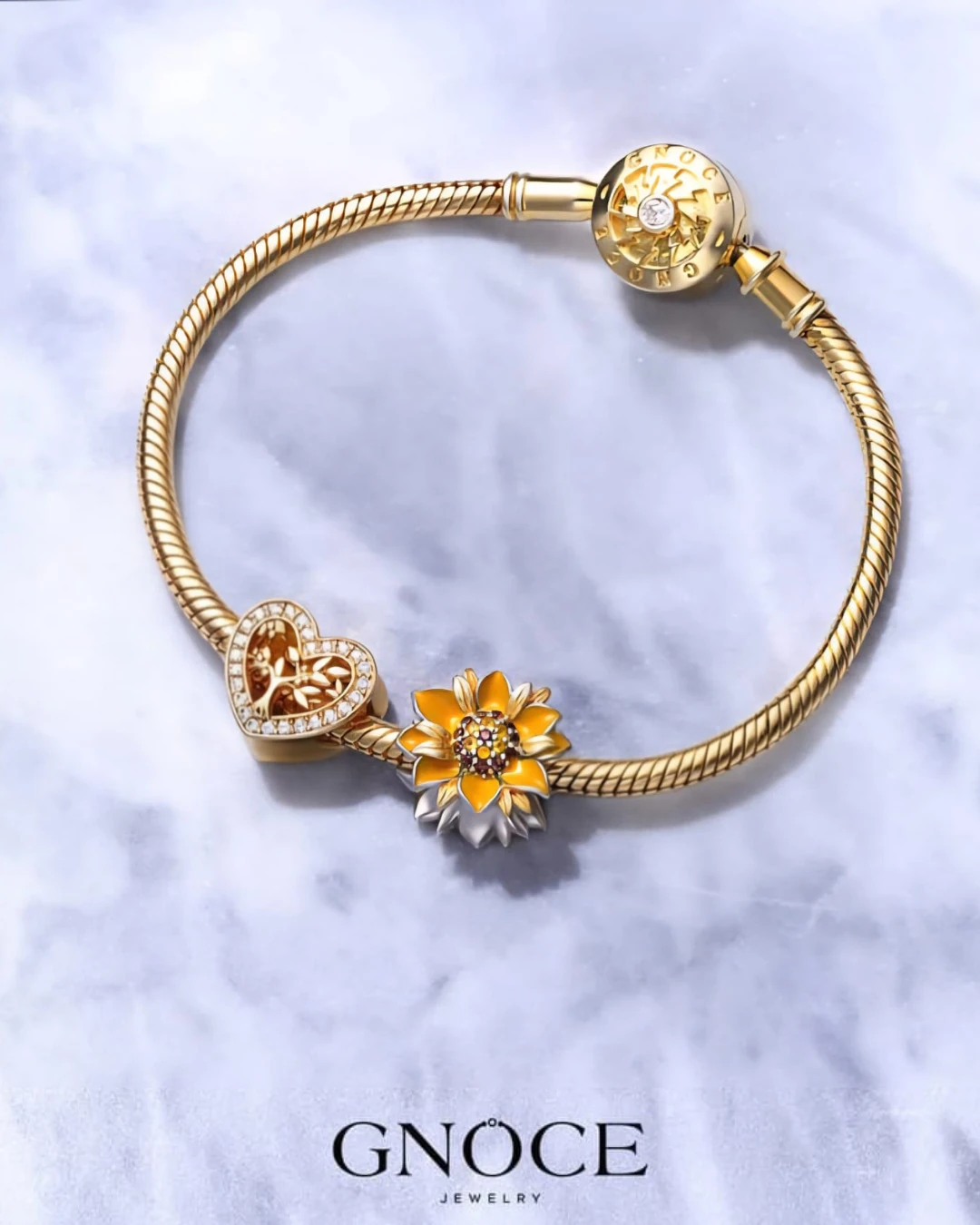 (18cm 18K Altın Kaplama Klasik Bileklik) ve (Aile Ağacı Kalp Charm) ve (Parıldayan Ayçiçeği Charm), 925 Ayar Gümüş