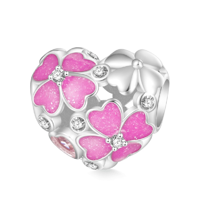 (19cm Çelik Bileklik) ve ("Love" Temalı Gümüş Güvenlik Zinciri) ve (Pembe Dört Yapraklı Yonca İşlemeli Kalp Charm), 925 Ayar Gümüş