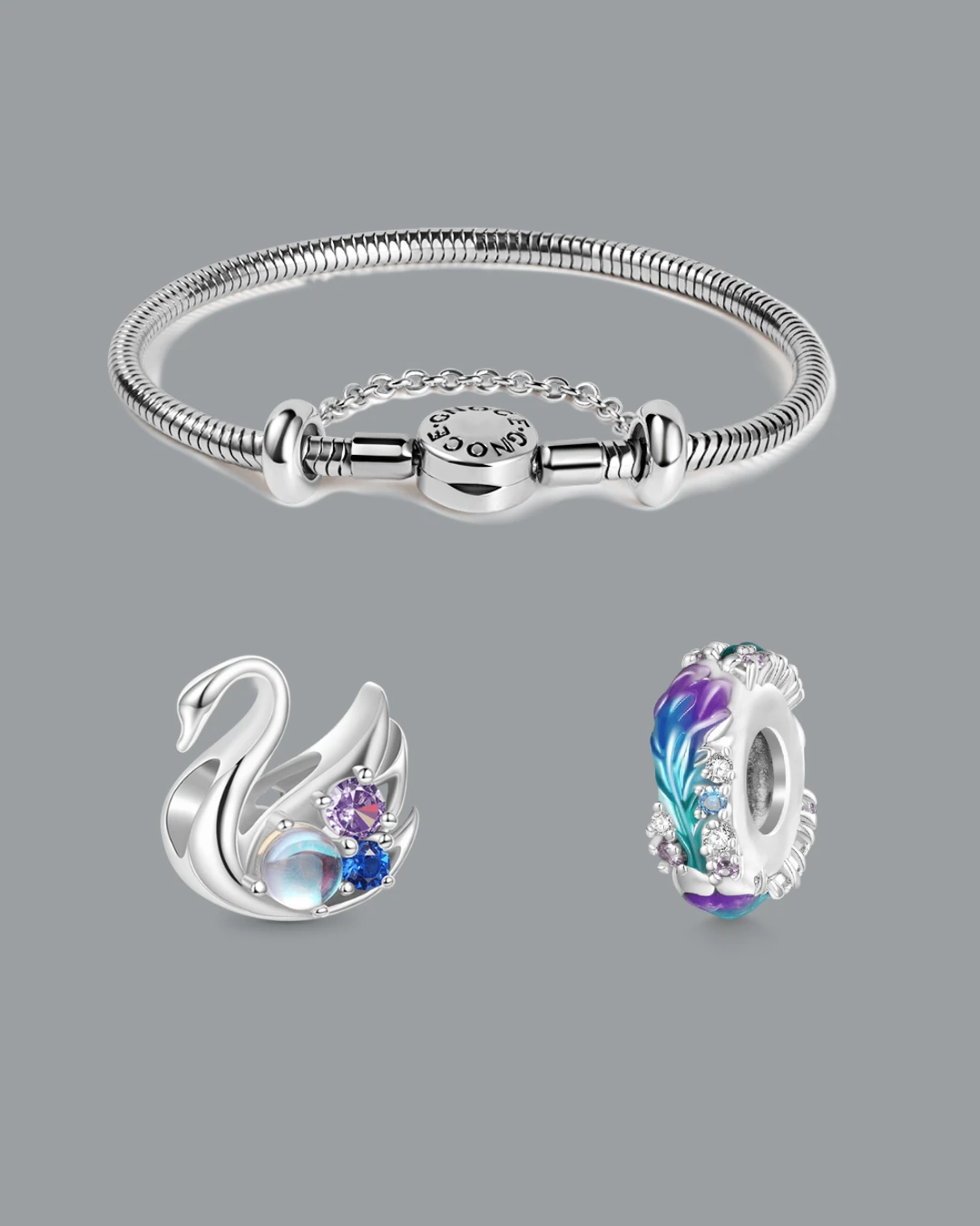 (19cm Çelik Bileklik) ve (Phoenix Tüyü Stoper Charm) ve (Aytaşı Kuğu Charm), 925 Ayar Gümüş