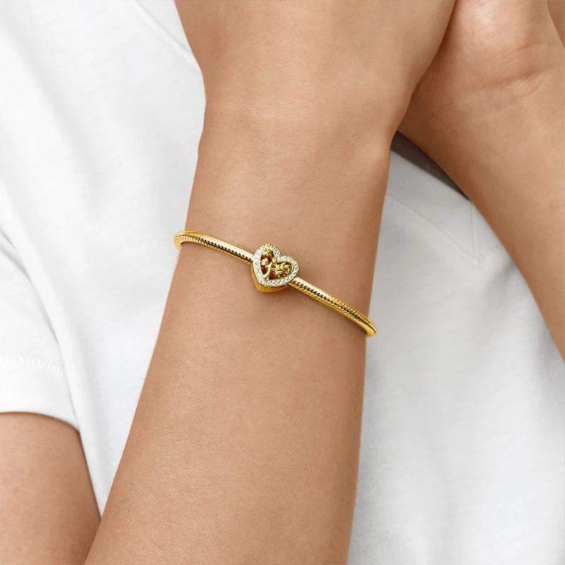 (18cm 18K Altın Kaplama Klasik Bileklik) ve (Aile Ağacı Kalp Charm) ve (Parıldayan Ayçiçeği Charm), 925 Ayar Gümüş