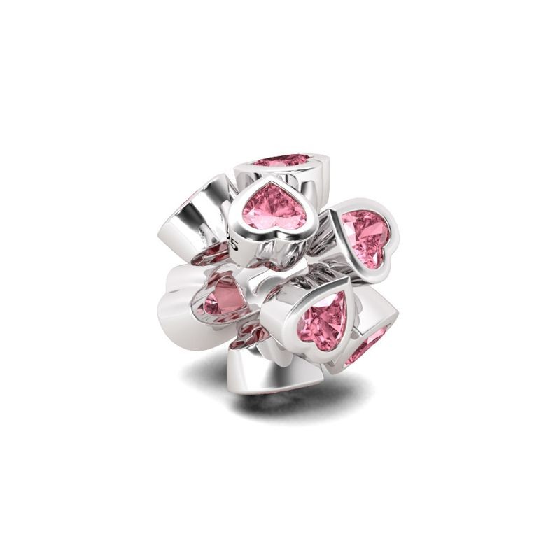 "Kalbim Senin İçin Atıyor" Kalpten Kalbe Pembe Kristal Taşlı Charm, 925 Ayar Gümüş