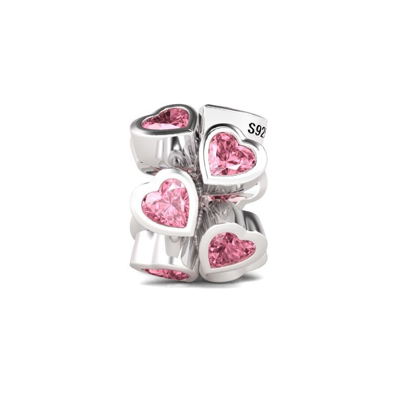 "Kalbim Senin İçin Atıyor" Kalpten Kalbe Pembe Kristal Taşlı Charm, 925 Ayar Gümüş