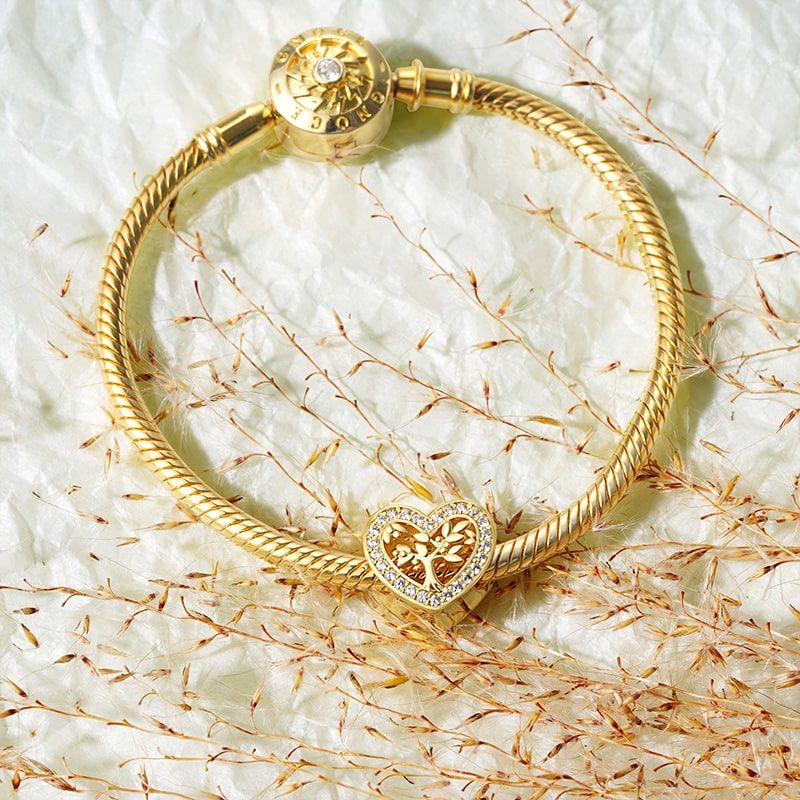 (18cm 18K Altın Kaplama Klasik Bileklik) ve (Aile Ağacı Kalp Charm) ve (Parıldayan Ayçiçeği Charm), 925 Ayar Gümüş