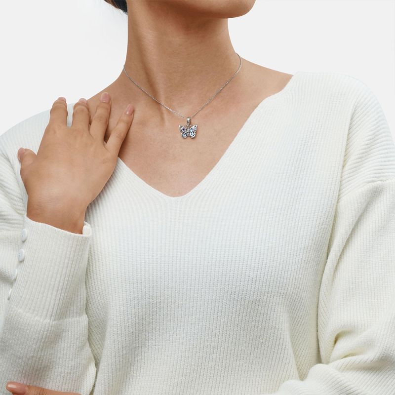 Aytaşı Süslemeli Işıltılı Kelebek Charm ve Kolye, 925 Ayar Gümüş