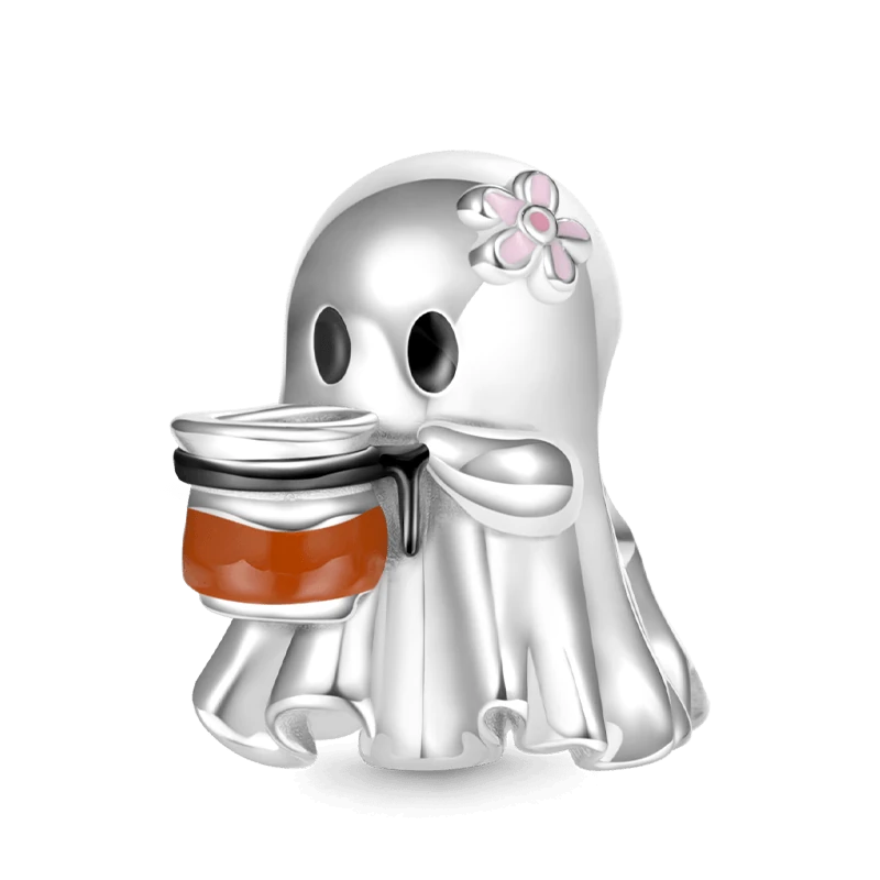 Halloween "Hayalet Kahve İçiyor" Charm, 925 Ayar Gümüş