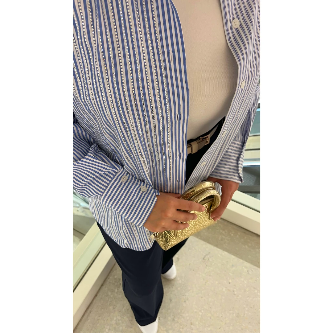 Taş Detaylı Çizgili Oversize Gömlek