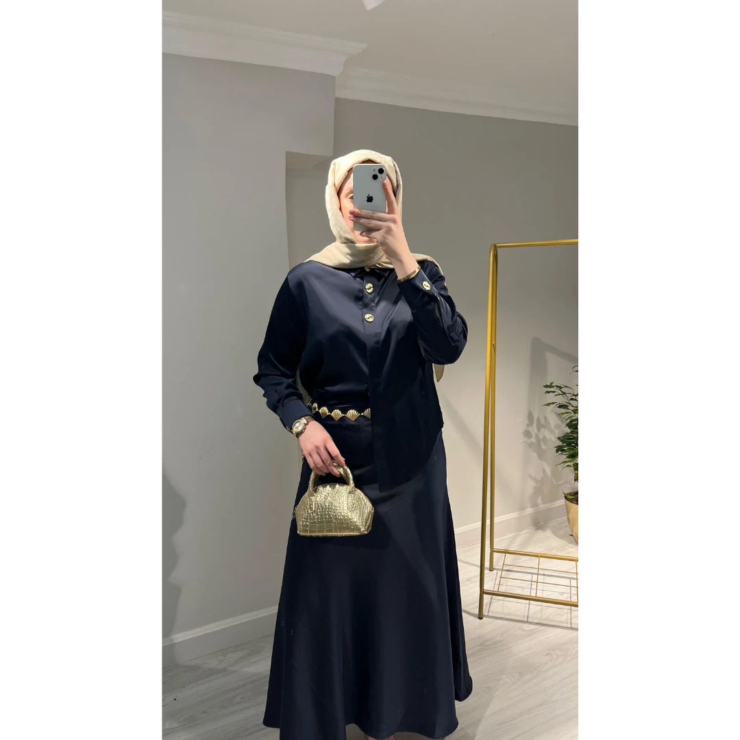 Zara Muadil Lacivert Saten Etek Gömlek Takım