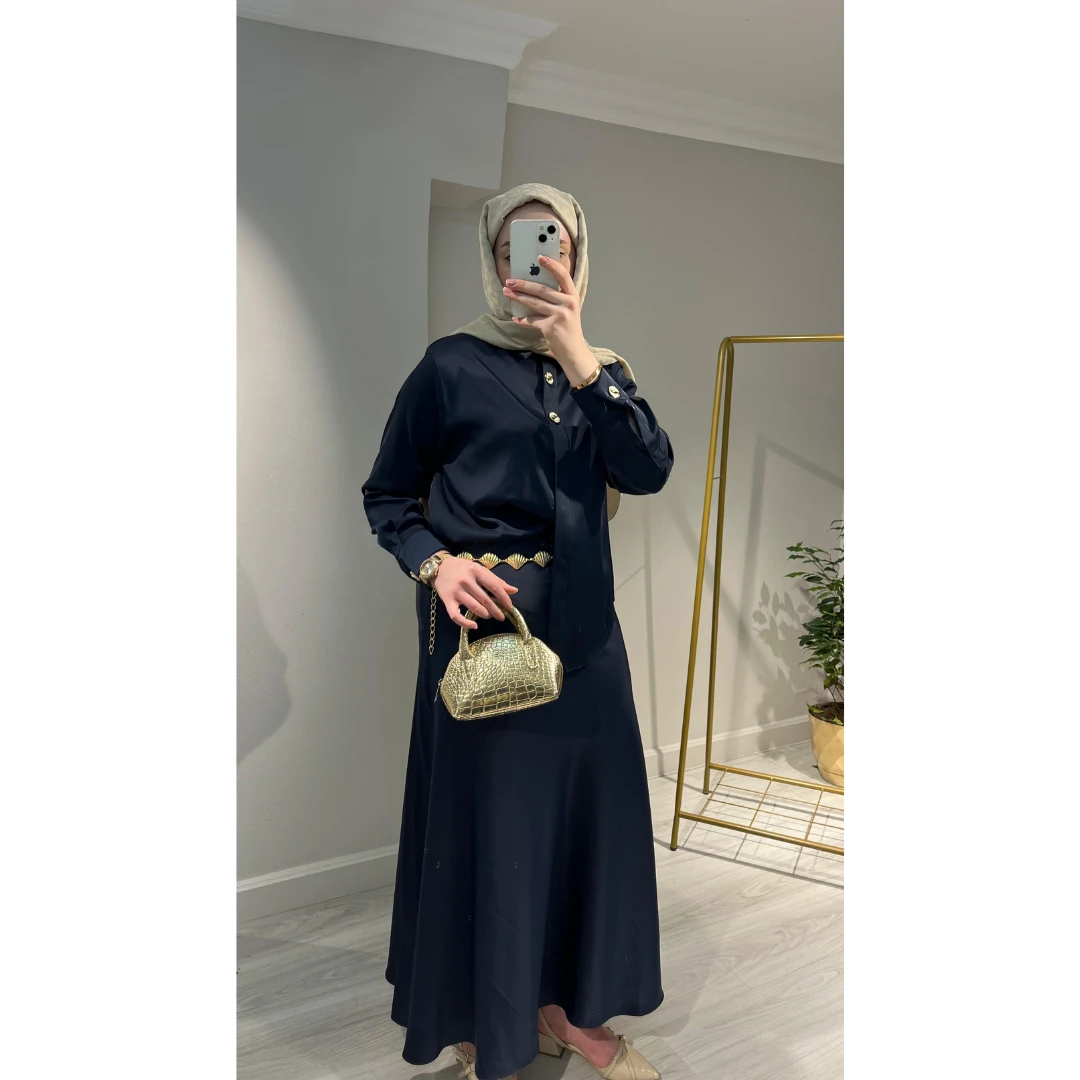 Zara Muadil Lacivert Saten Etek Gömlek Takım