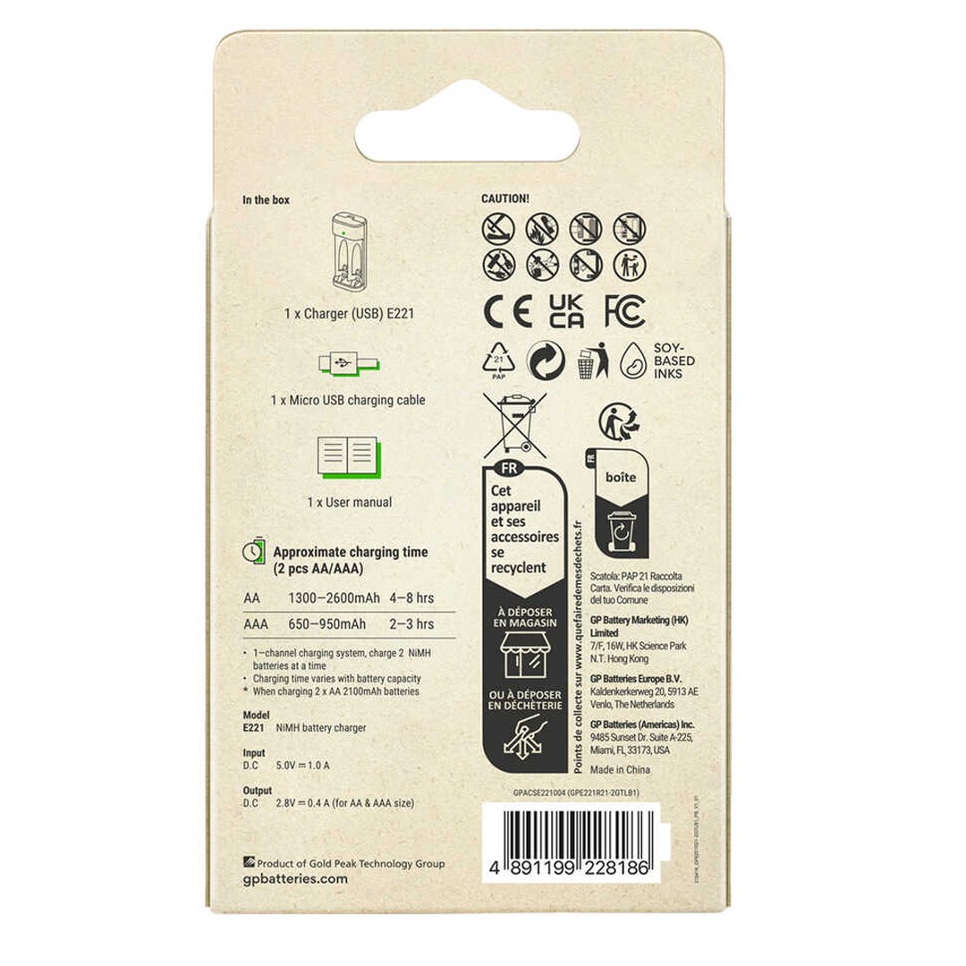 GP RECYKO E221 USB 2'LÜ AA - AAA PİL ŞARJ CİHAZI PİLSİZ (GPACSE221004 GPE221R21-2GTLB1)