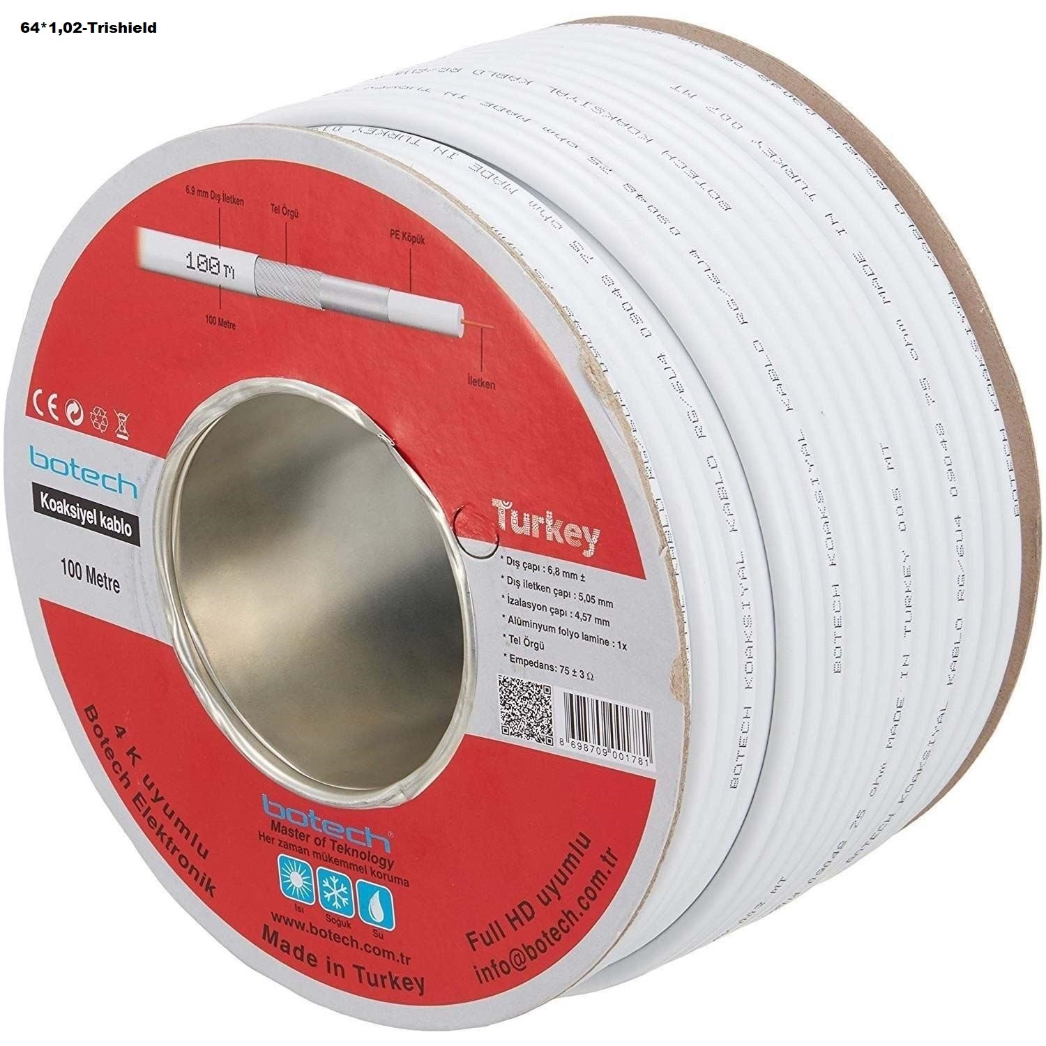 (1mt fiyatı) Botech Rg6u4 64 Tel 1,02mm orta damar Kaliteli Anten Kablosu
