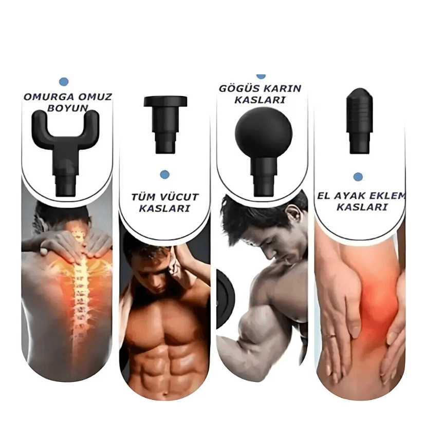 Gri Masaj Tabancası, 4 Farklı Başlıklı Taşınabilir Masaj Tabancası, USB Şarjlı, Ergonomik Tasarım