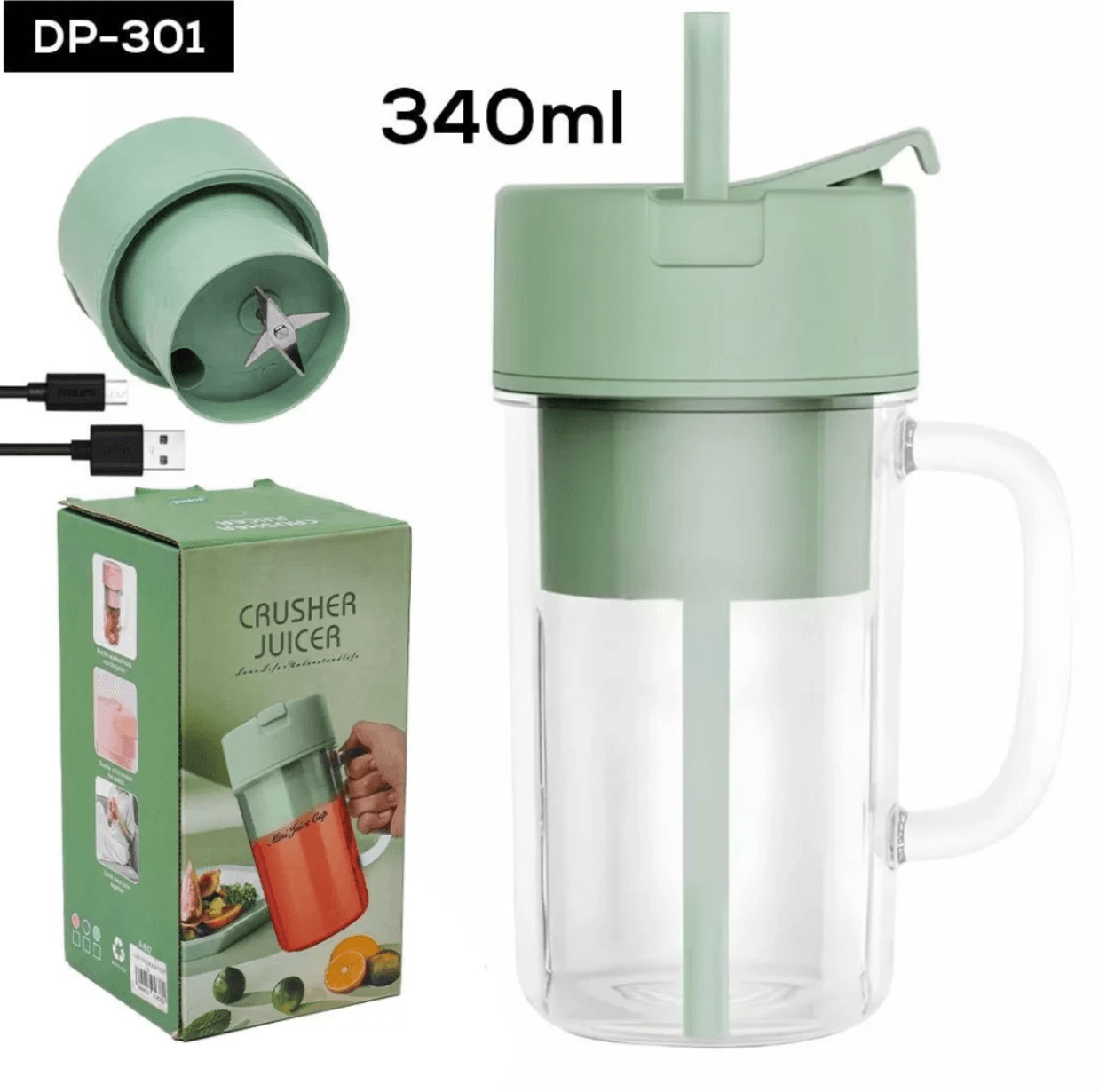 Taşınabilir Yeşil USB Şarjlı Crusher Juicer Blender 340 ml Bardak Meyve Sıkacağı