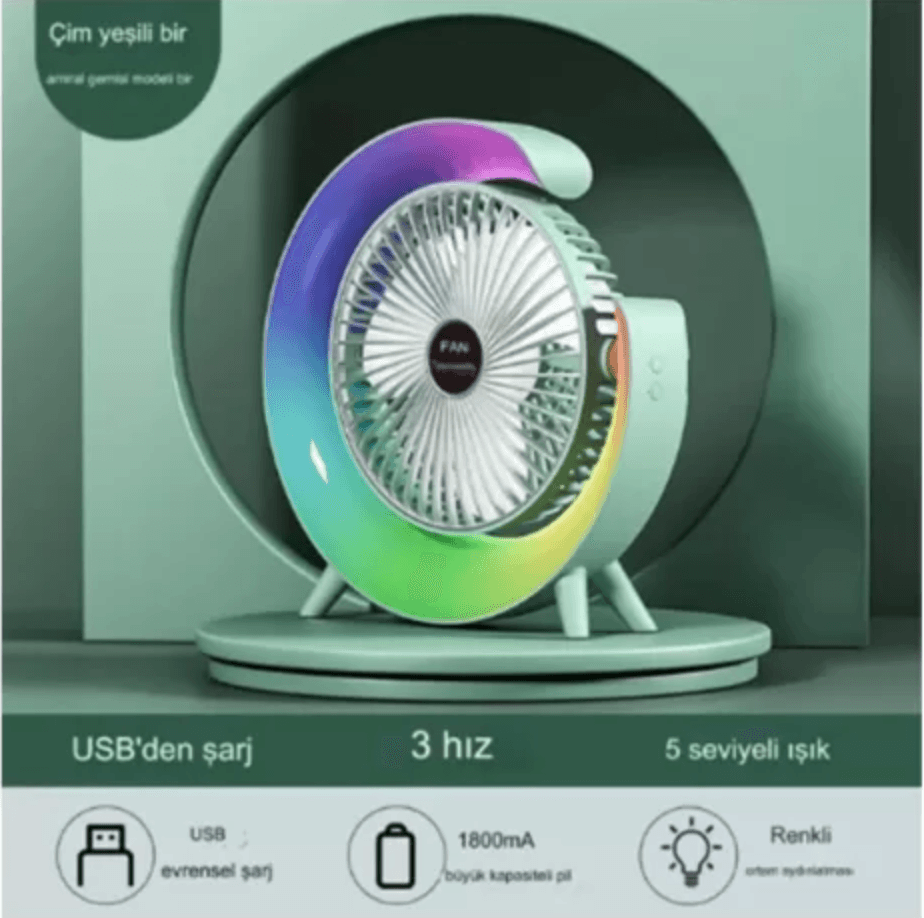  Masaüstü Vantilatör Usb Şarjlı Rgb Led Işıklı 3 Kademeli 180° Ayarlanabilir Soğutucu Fan  image
