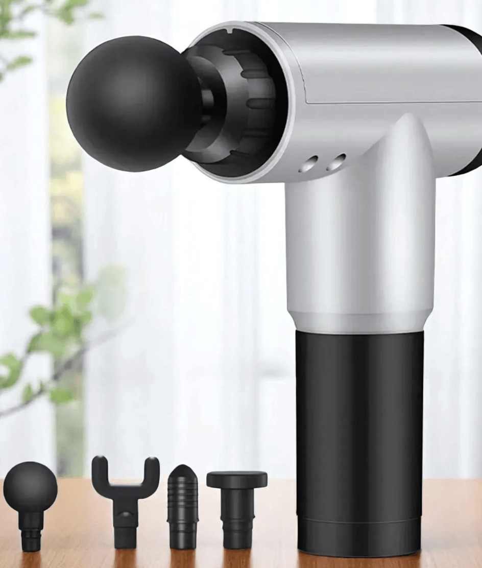 Gri Masaj Tabancası, 4 Farklı Başlıklı Taşınabilir Masaj Tabancası, USB Şarjlı, Ergonomik Tasarım