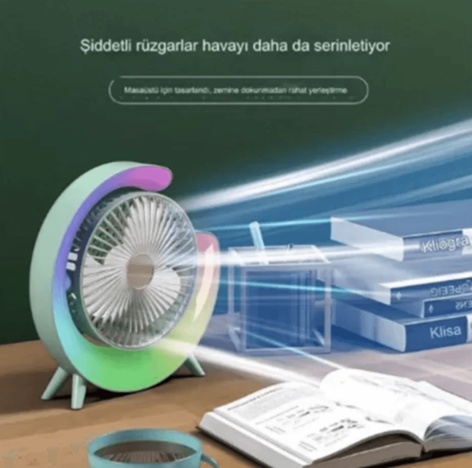  Masaüstü Vantilatör Usb Şarjlı Rgb Led Işıklı 3 Kademeli 180° Ayarlanabilir Soğutucu Fan 