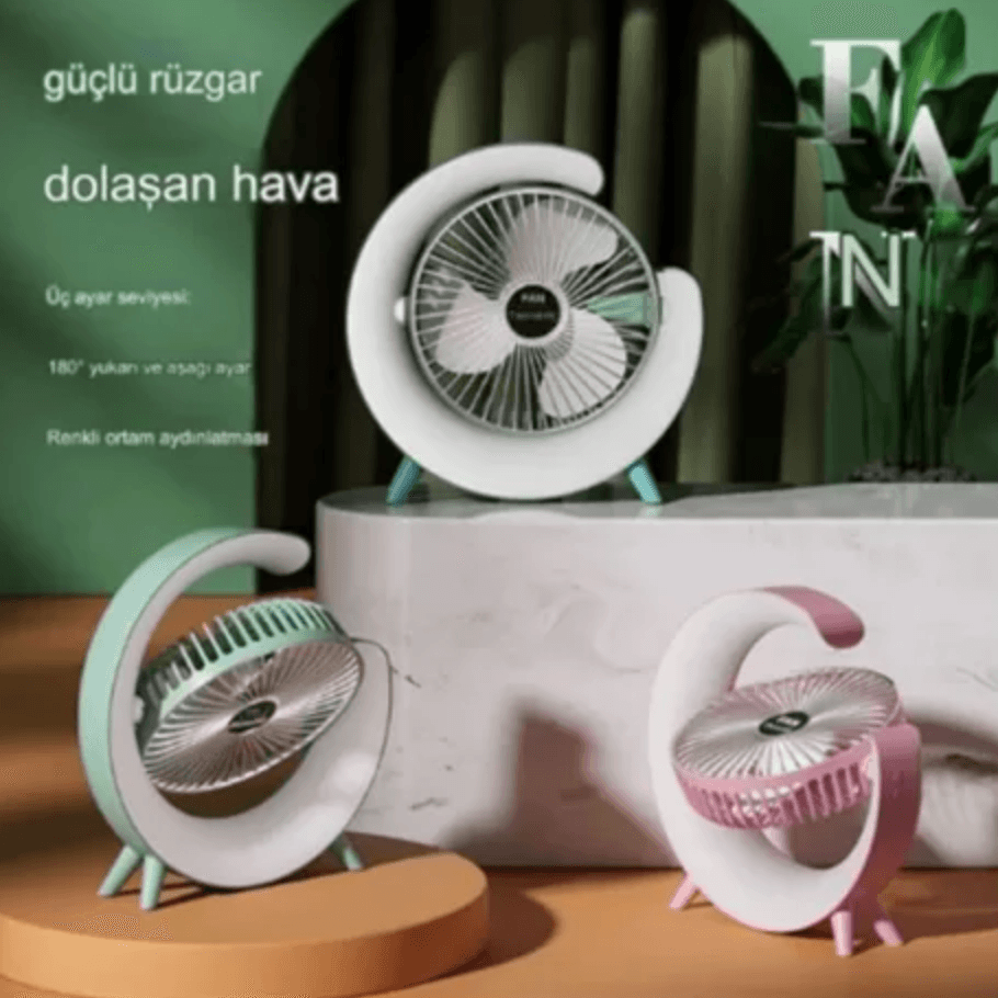  Masaüstü Vantilatör Usb Şarjlı Rgb Led Işıklı 3 Kademeli 180° Ayarlanabilir Soğutucu Fan 