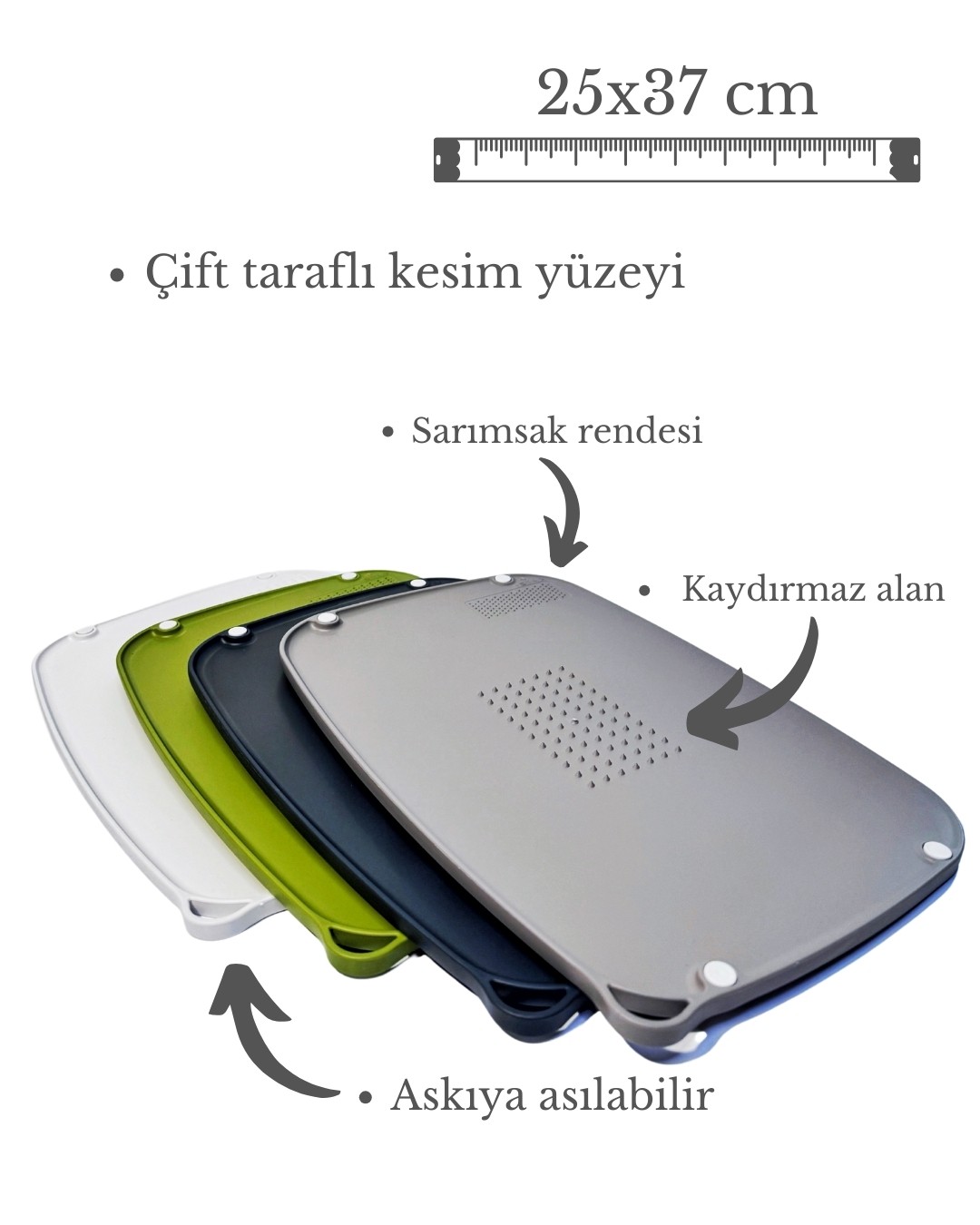 Kaymaz Tabanlı Çift Taraflı Tırtıklı Kesme Tahtası/ Lacivert, Beyaz, Gri, Yeşil