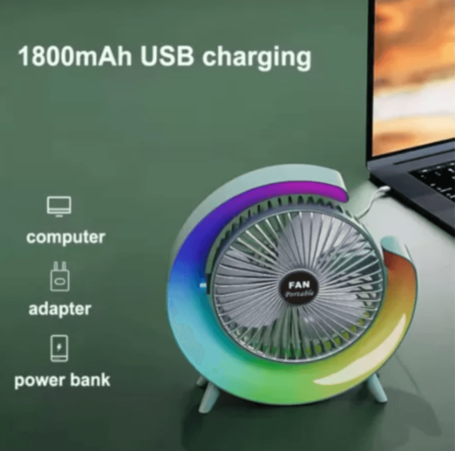  Masaüstü Vantilatör Usb Şarjlı Rgb Led Işıklı 3 Kademeli 180° Ayarlanabilir Soğutucu Fan 