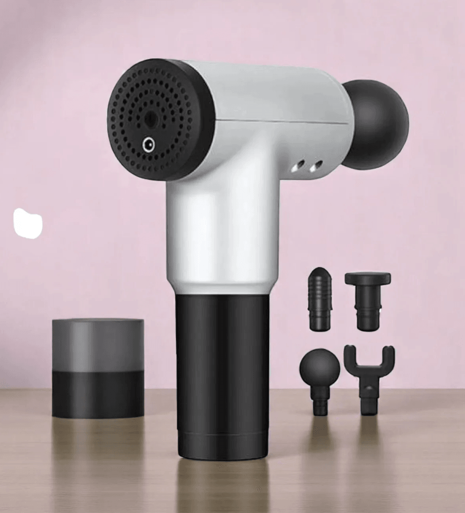 Gri Masaj Tabancası, 4 Farklı Başlıklı Taşınabilir Masaj Tabancası, USB Şarjlı, Ergonomik Tasarım