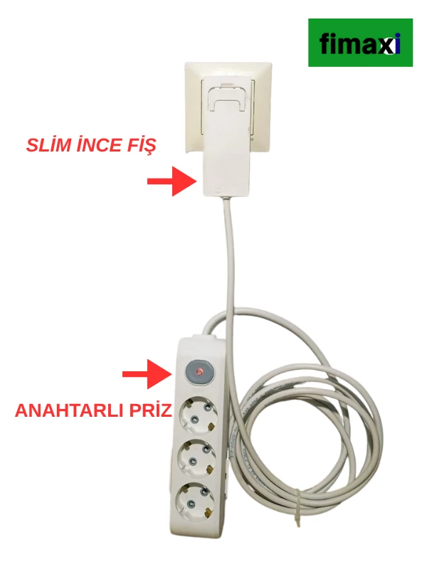 Uzatma Kablosu – Anahtarlı üçlü Grup Priz, İnce Fişli, Beyaz Renk 