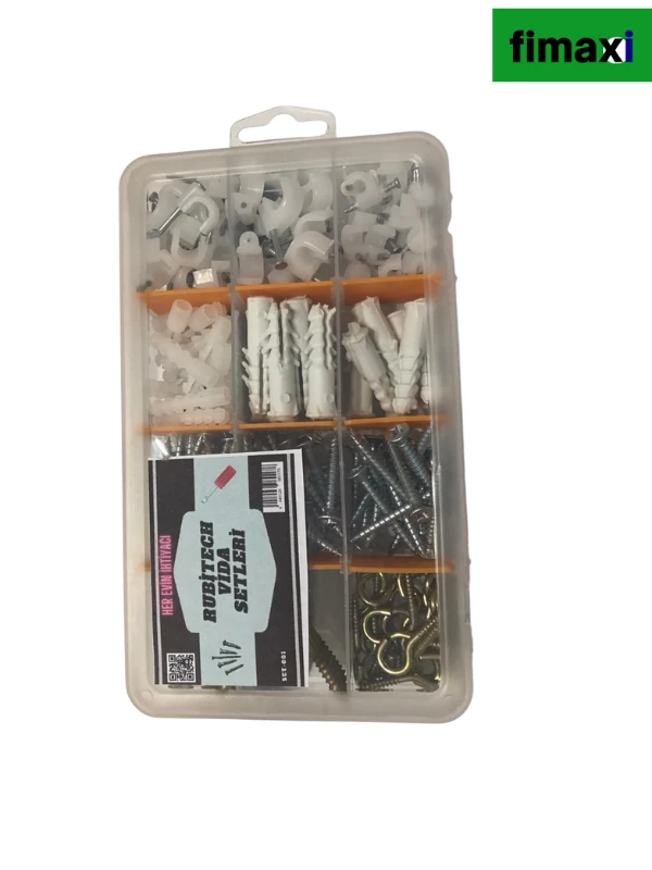 fimaxi Organizer Vida Kutusu Plastik Dübeli ,piton kanca, çivili kroşe, Sunta Vidası Seti 186 Parça