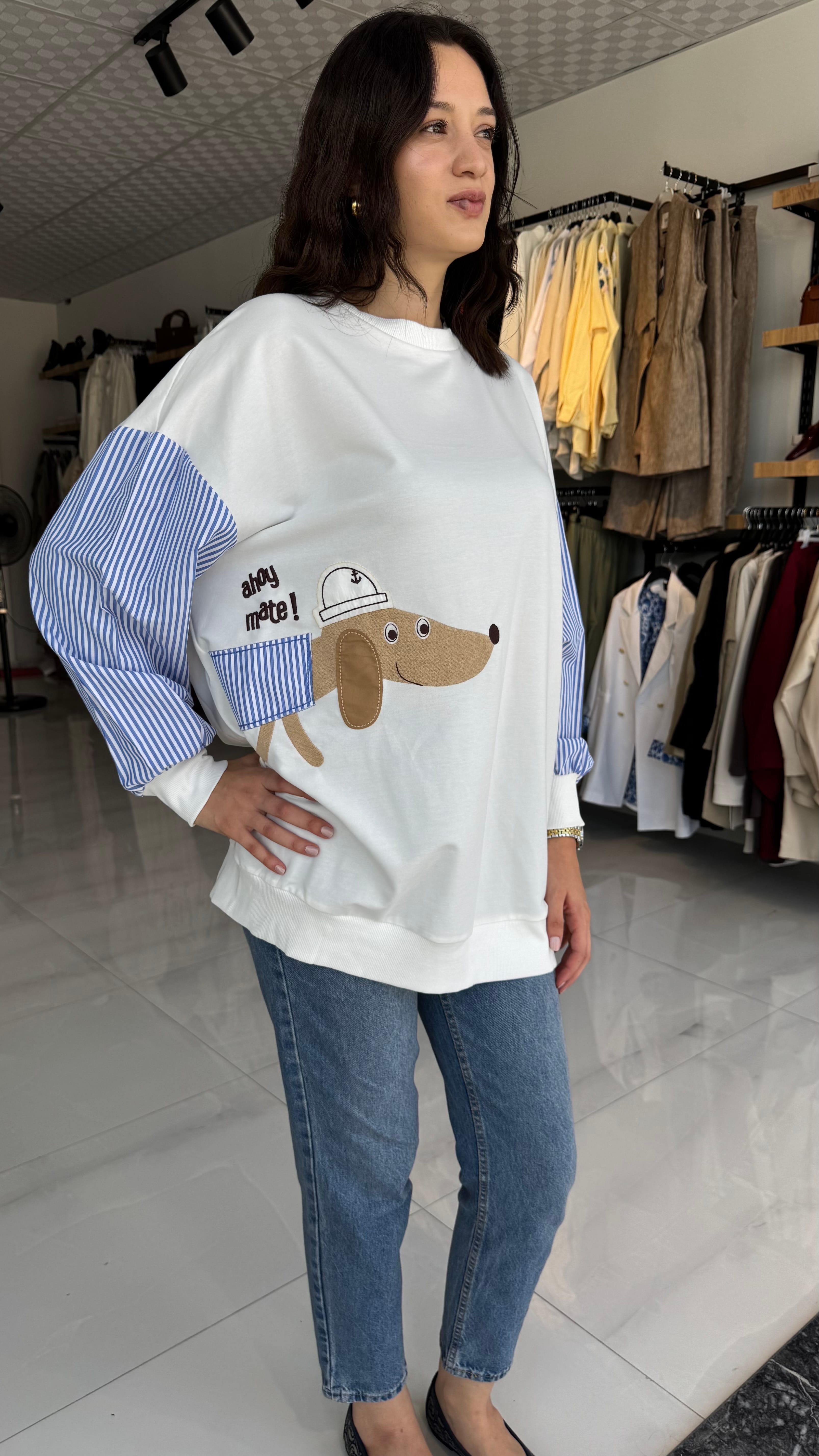 Kolu Gömlek Desenli Beyaz Sweatshirt - Std Beden