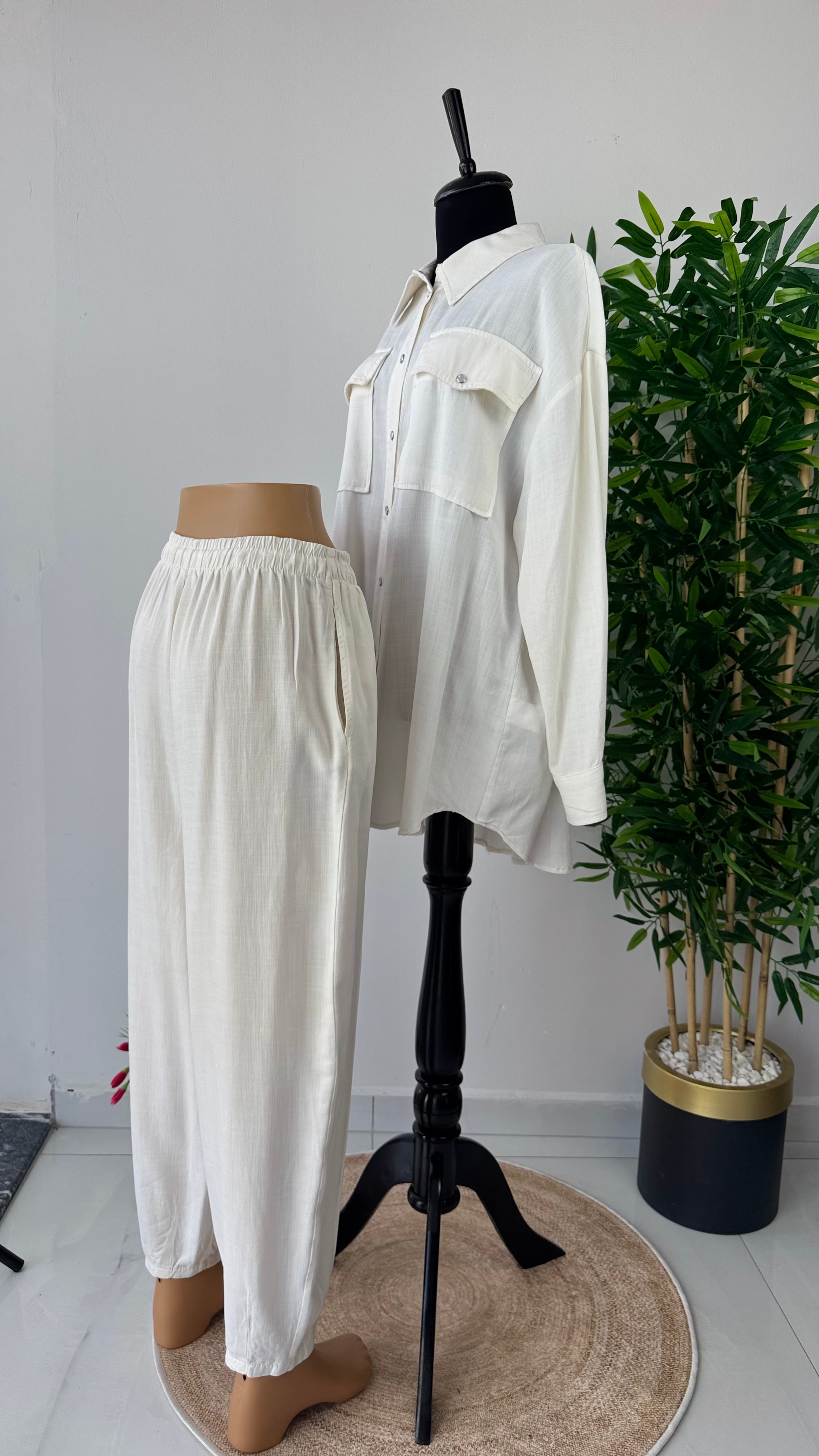 Tencel Konik Pantolonlu Takım - Ekru