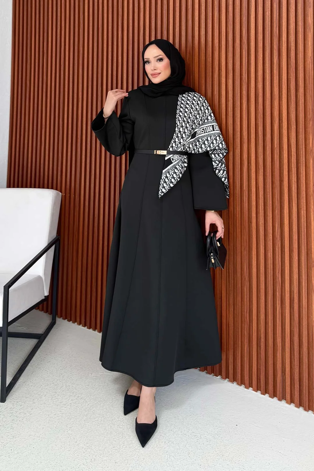 Melike Tatar Kemerli Scuba Elbise - Siyah