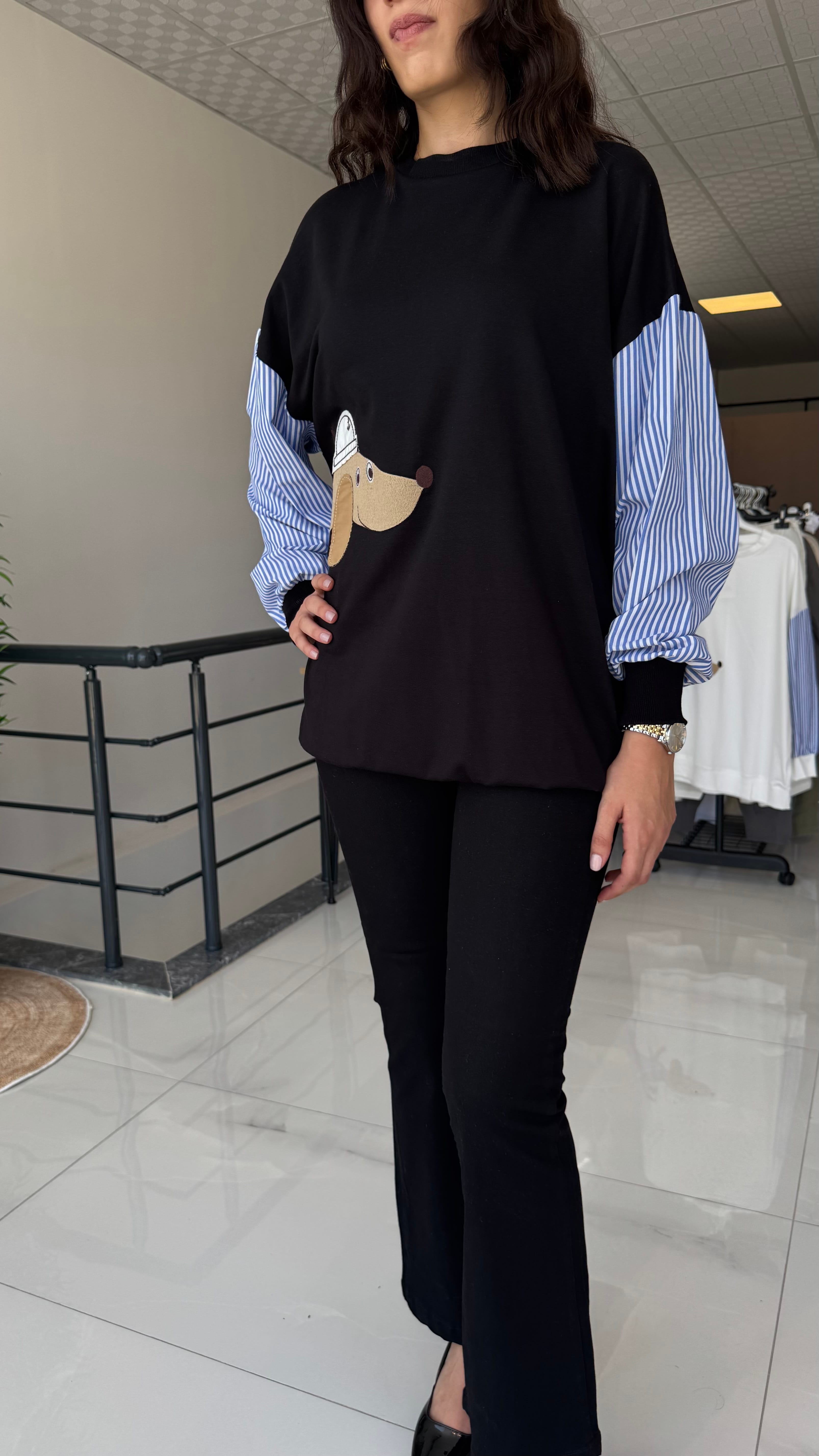 Kolu Gömlek Desenli Siyah Sweatshirt - Std Beden