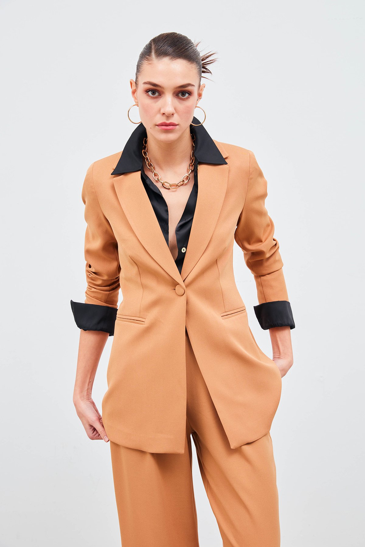 Mono Yaka Klasik Blazer Ceket - Camel