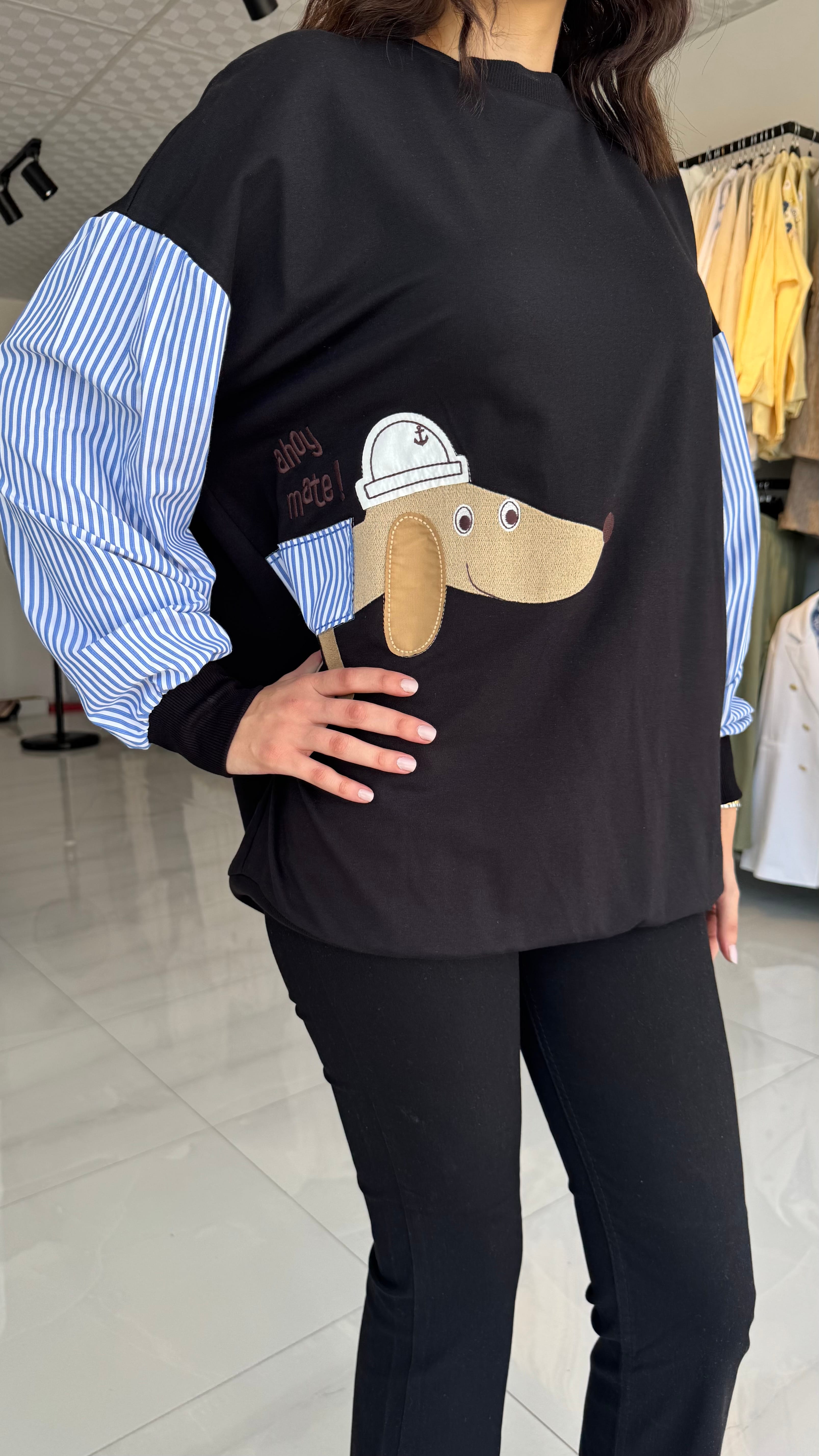 Kolu Gömlek Desenli Siyah Sweatshirt - Std Beden