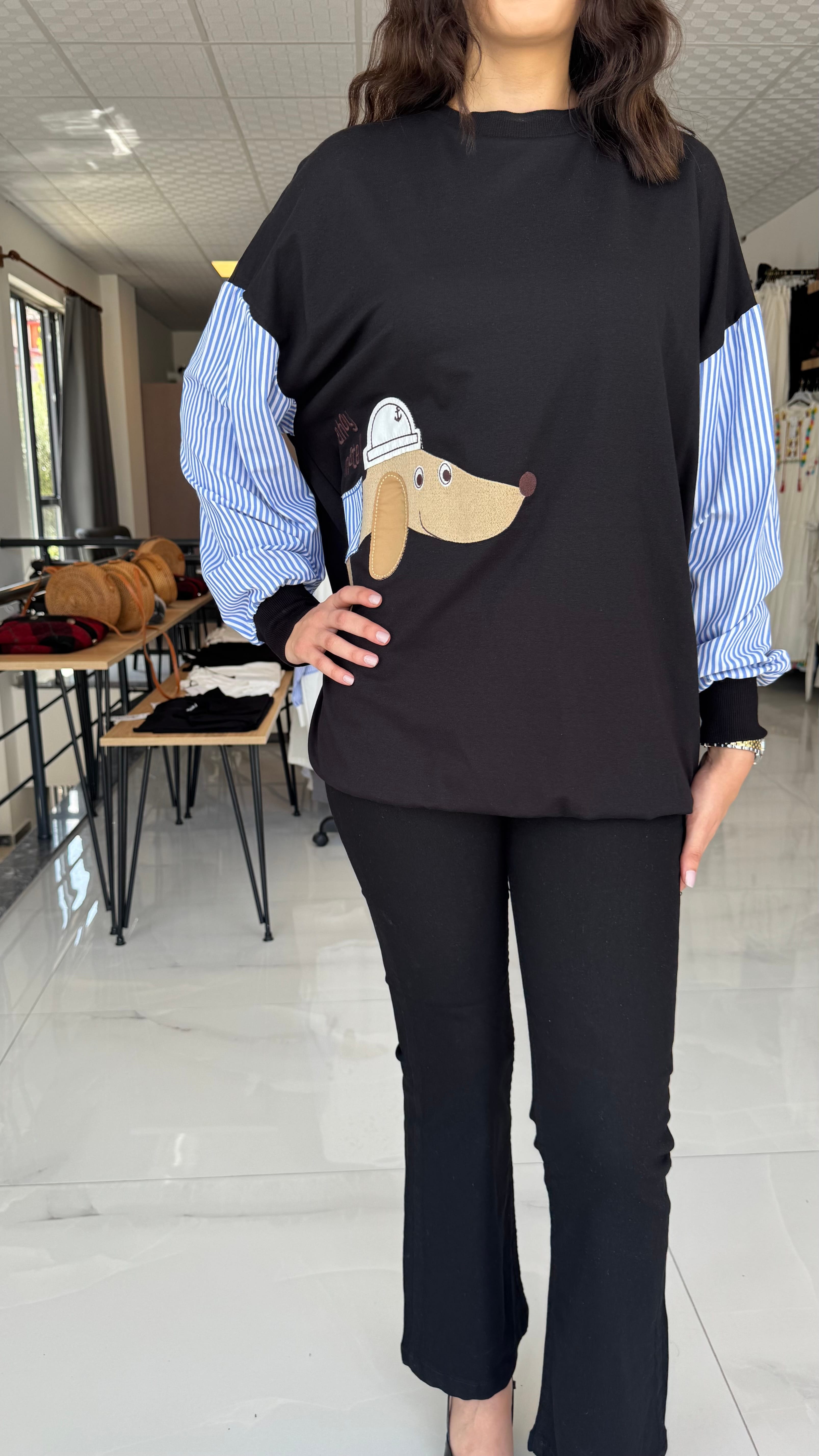 Kolu Gömlek Desenli Siyah Sweatshirt - Std Beden