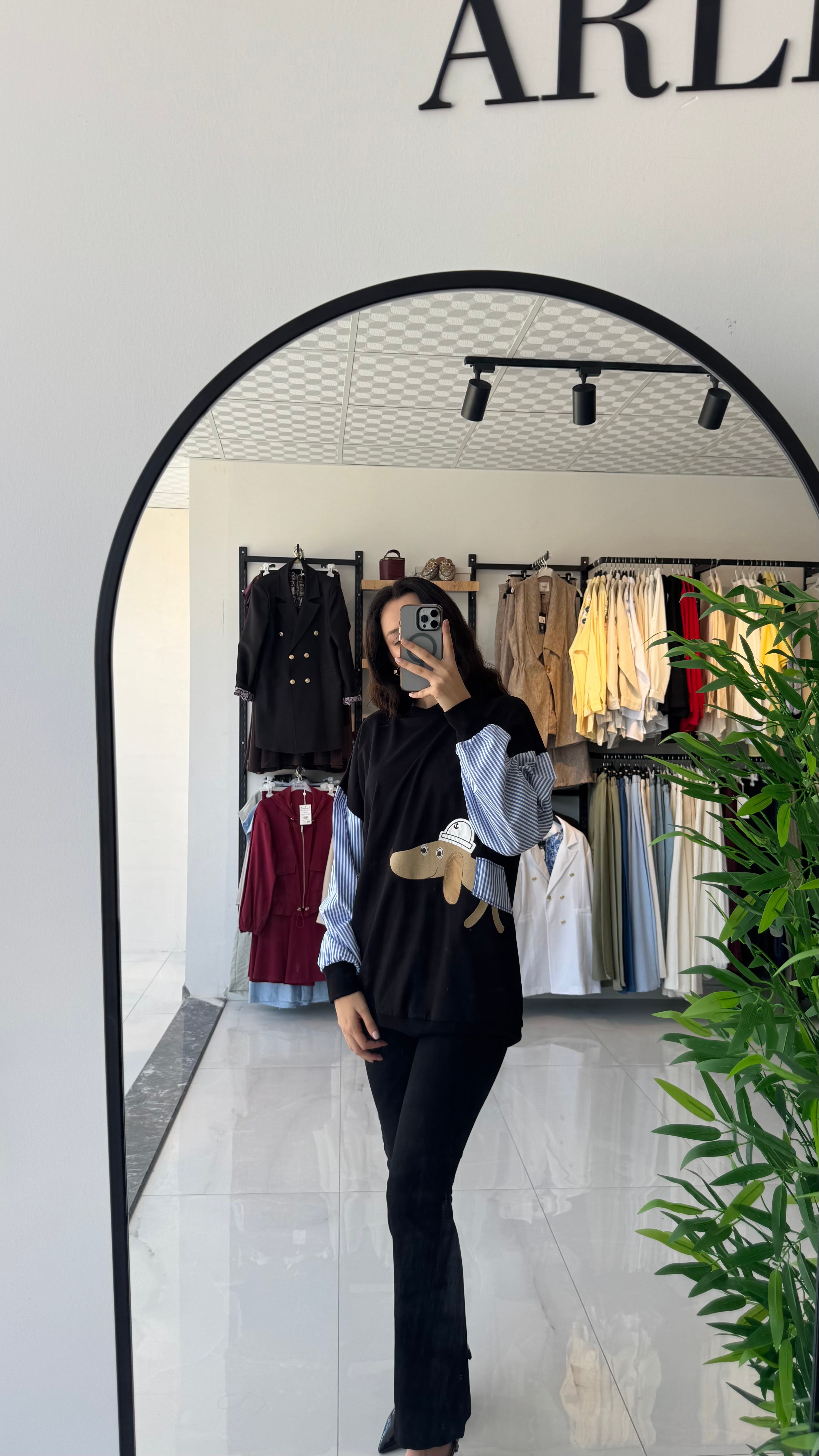 Kolu Gömlek Desenli Siyah Sweatshirt - Std Beden