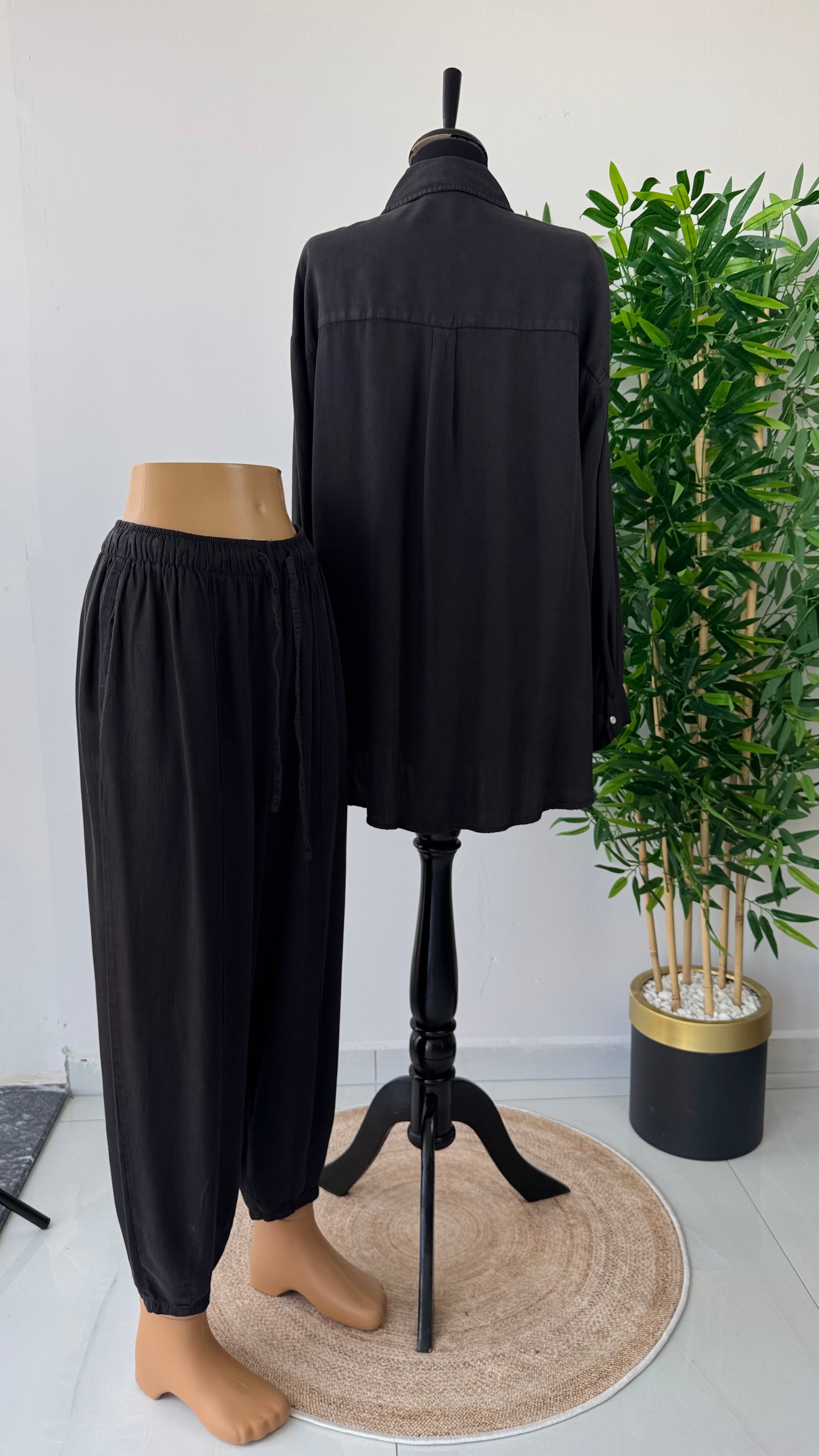 Tencel Konik Pantolonlu Takım - Siyah