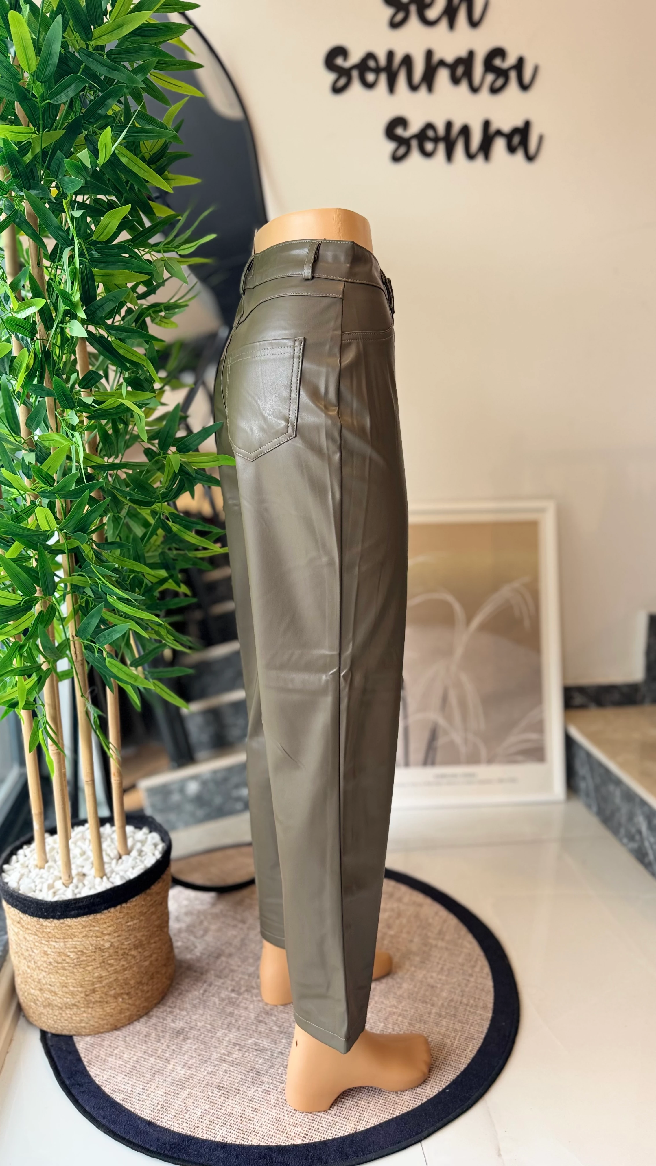 MNG Şardonlu Deri Pantolon - Haki