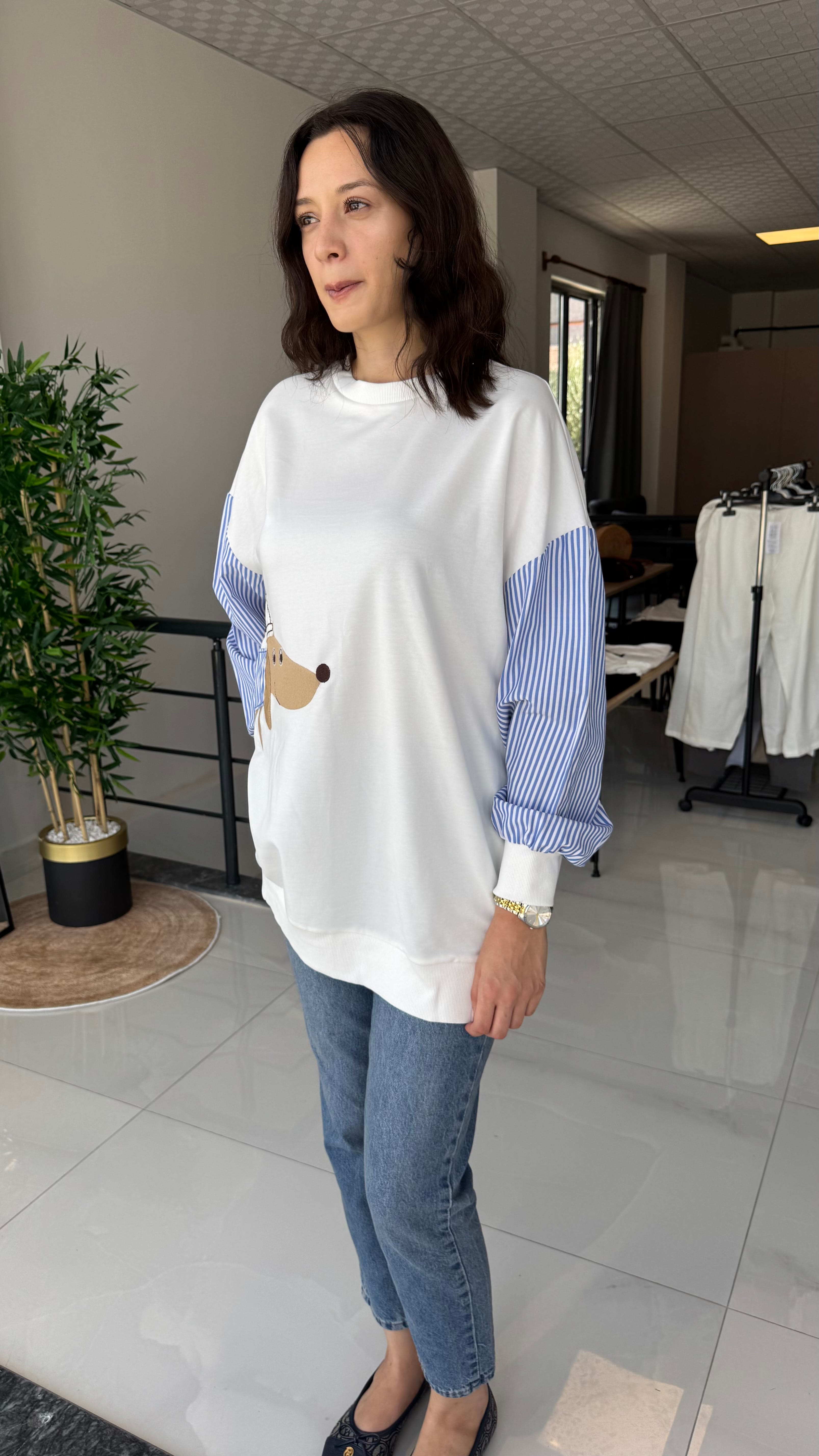 Kolu Gömlek Desenli Beyaz Sweatshirt - Std Beden
