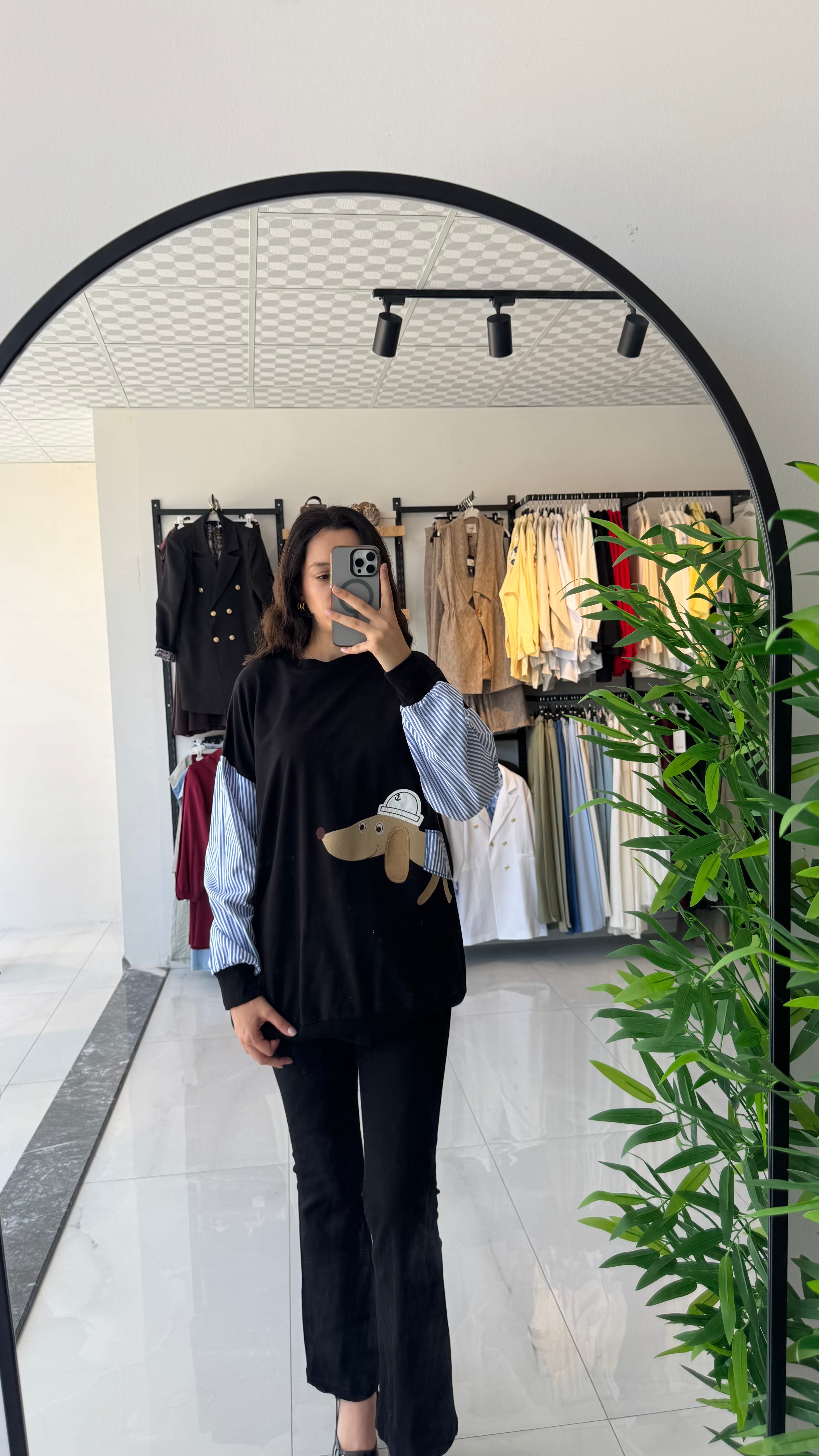 Kolu Gömlek Desenli Siyah Sweatshirt - Std Beden